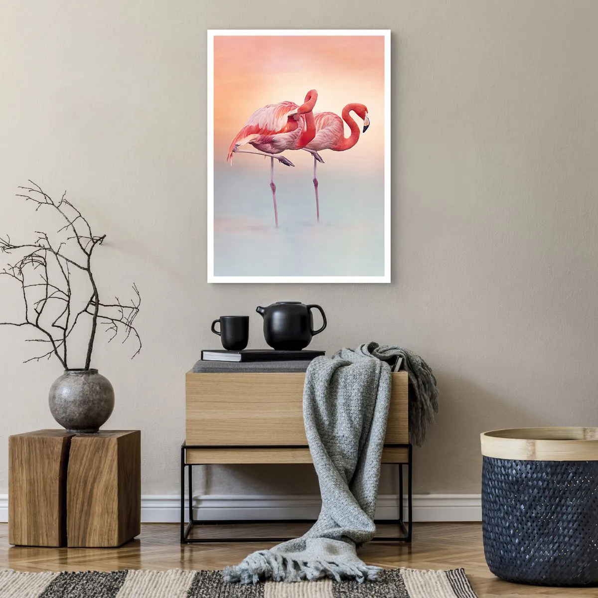 Plakat - Flamingi na tle pastelowego zachodu słońca - 50x70cm - W kolorze zachodzącego słońca - Nowoczesna dekoracja ścienna do salonu, kuchni i sypialni ARTTOR