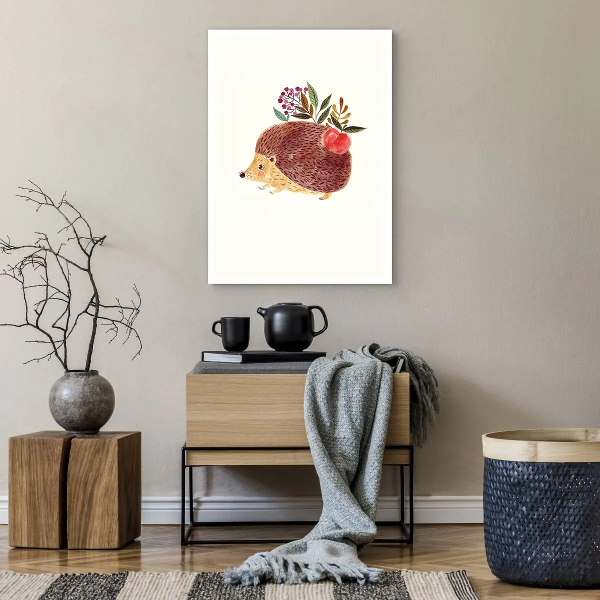 Póster - Un lindo erizo con una manzana y ramitas sobre un fondo claro. - 50x70cm - Y ya te gusto - Decoración de pared moderna para salón y dormitorio ARTTOR