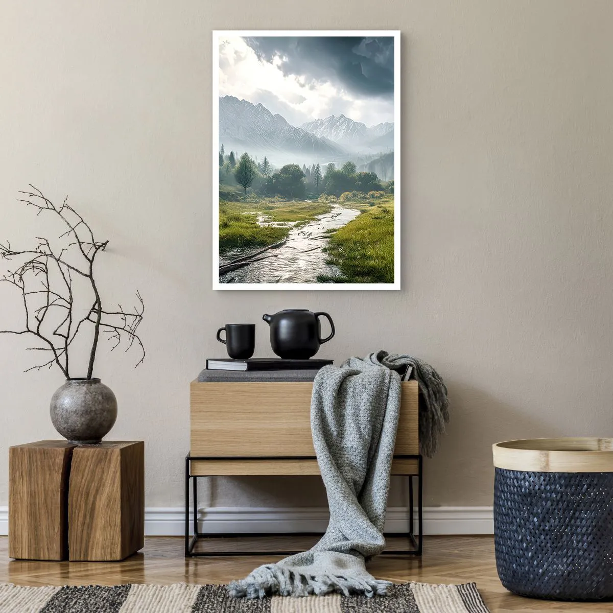 Plakat - Górska dolina z rzeką i majestatycznymi górami w tle - 50x70cm - Tam i z powrotem - Nowoczesna dekoracja ścienna do salonu, kuchni i sypialni ARTTOR