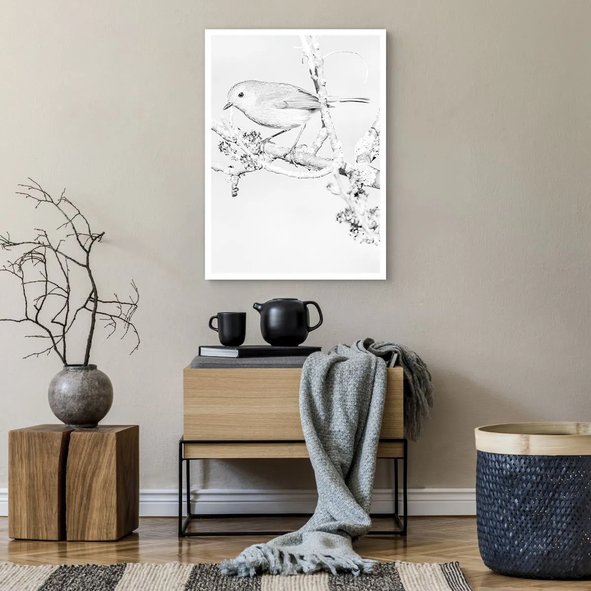 Poster - Schwarz-weiße Zeichnung eines Vogels auf einem Ast - 50x70cm - Wintermorgen - Moderne Wanddekoration für Wohnzimmer und Schlafzimmer ARTTOR