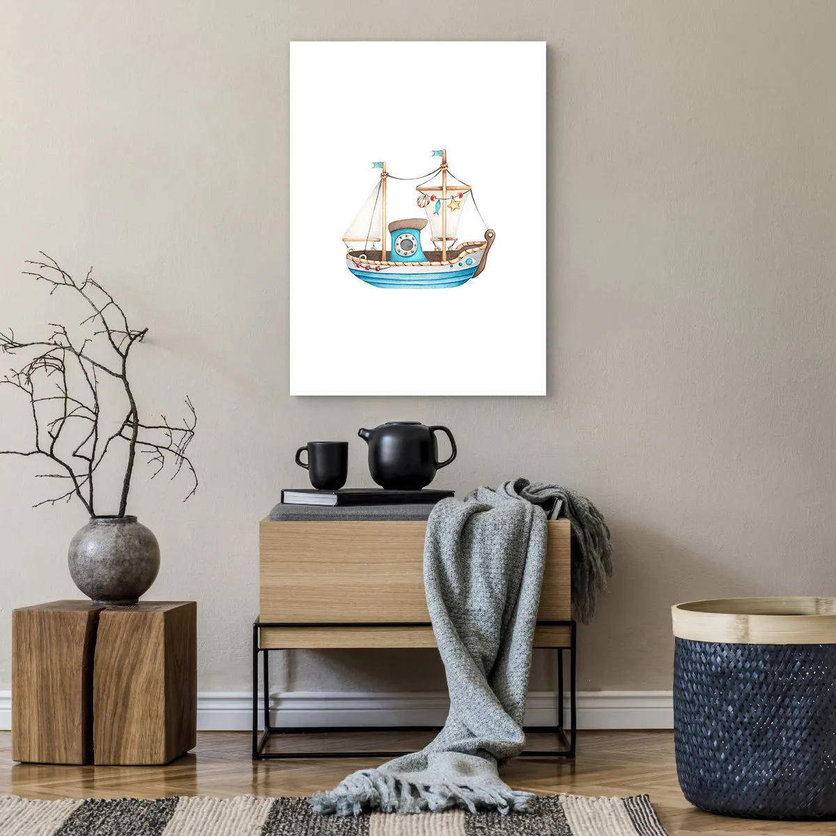 Poster - Nave acquerello in tonalità pastello di blu e beige - 50x70cm - Benvenuta avventura! - Decorazione murale moderna per soggiorno e camera da letto ARTTOR