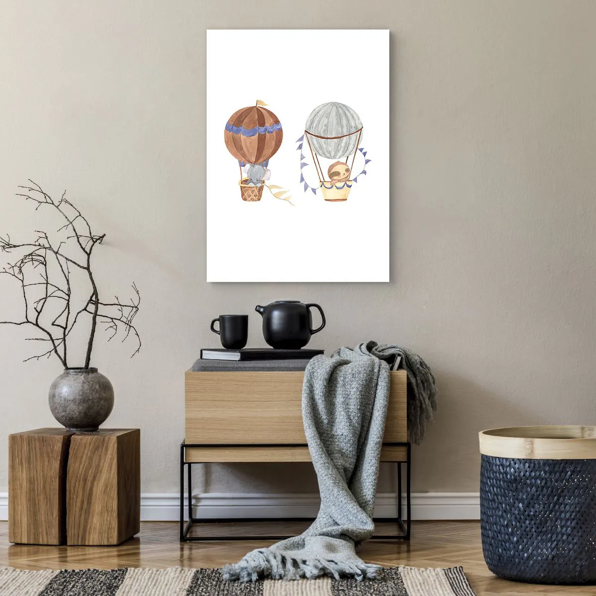 Affiche - Poster - Animaux mignons dans des ballons sur fond blanc dans un style aquarelle - 50x70cm - Compagnons de voyage - Décoration murale moderne pour le salon et la chambre ARTTOR