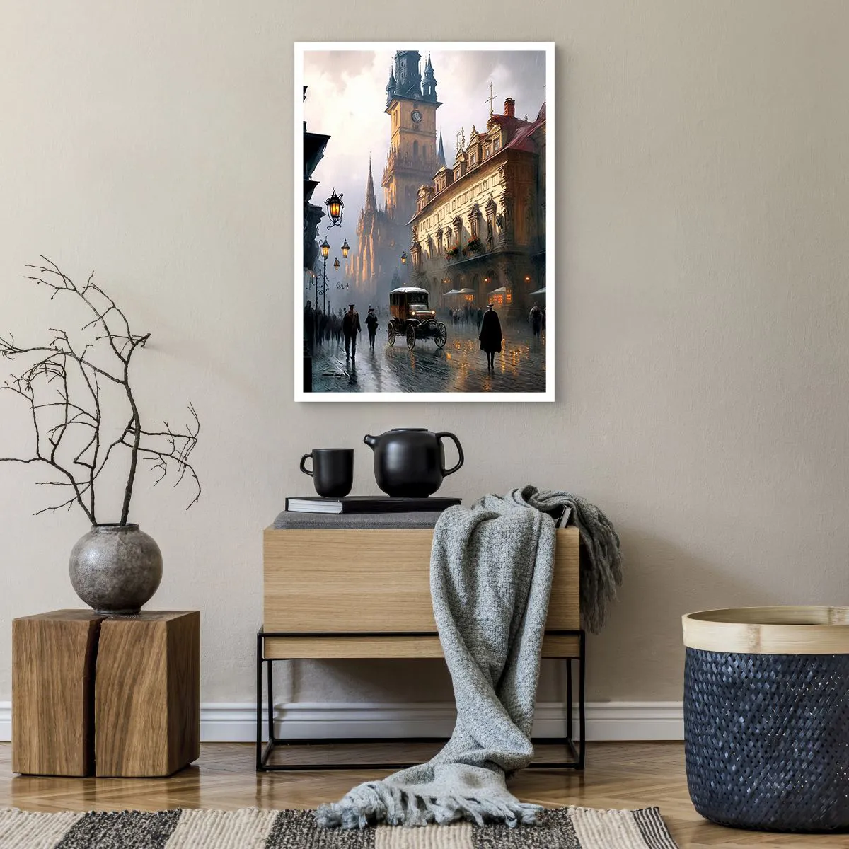 Poster - Historische Stadt in der Abenddämmerung mit einem historischen Fahrzeug - 50x70cm - Charme eines Prager Abends - Moderne Wanddekoration für Wohnzimmer und Schlafzimmer ARTTOR