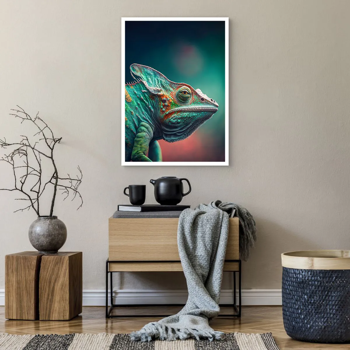 Poster - Ein farbenfrohes Chamäleon auf auffälligem Hintergrund - 50x70cm - Siehst du mich? Nicht gut… - Moderne Wanddekoration für Wohnzimmer und Schlafzimmer ARTTOR