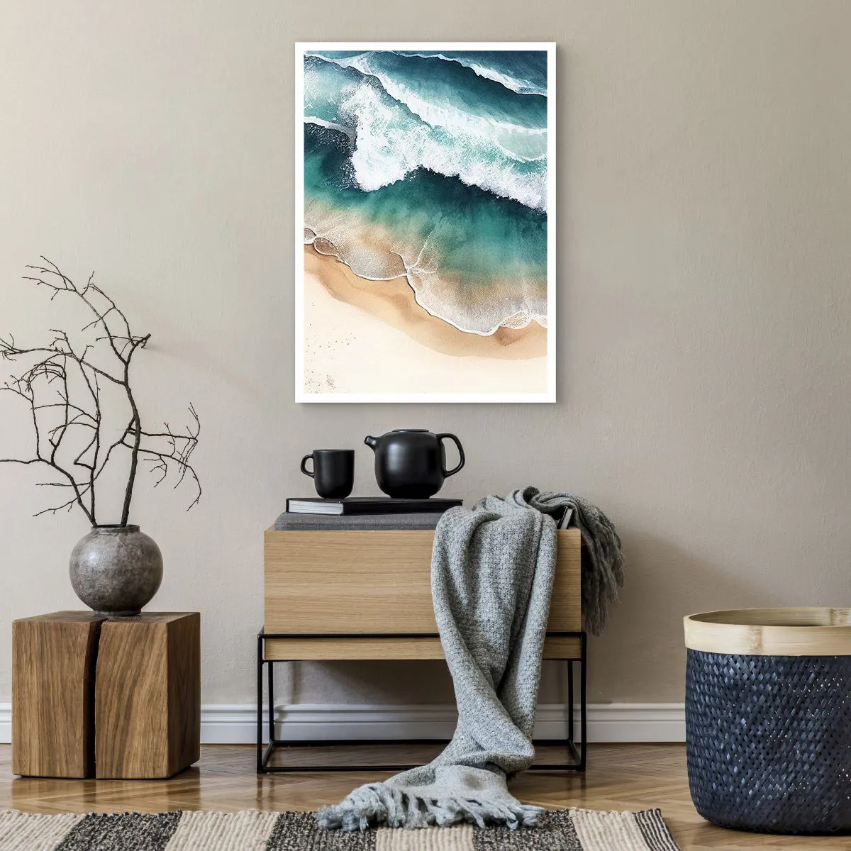 Póster - Olas del mar rompiendo en la playa - 50x70cm - Un encuentro eterno - Decoración de pared moderna para salón y dormitorio ARTTOR