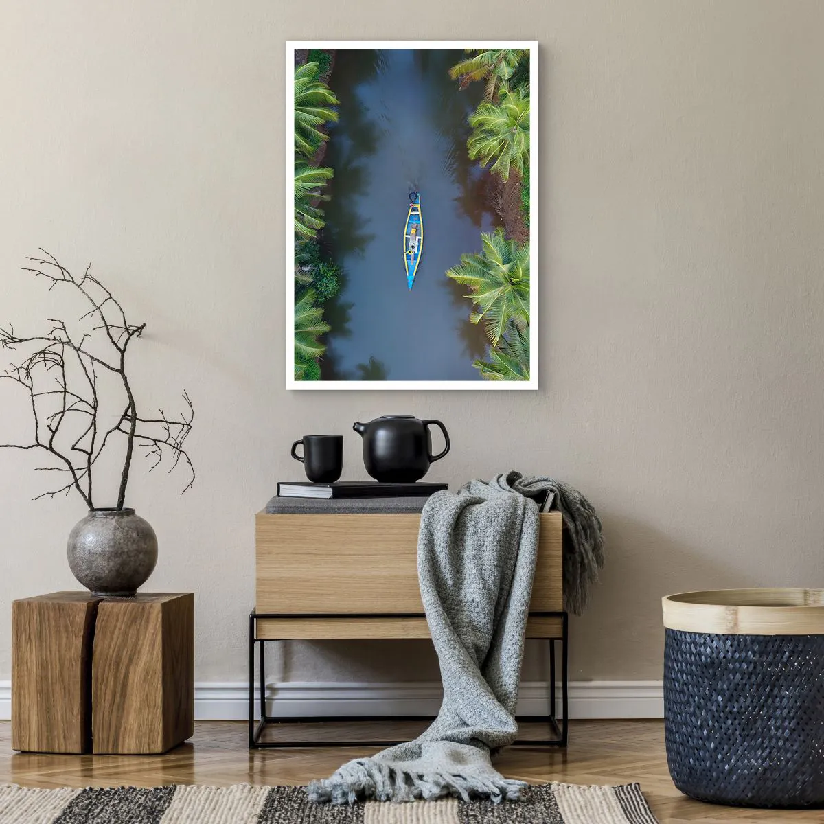 Affiche - Poster - Vue aérienne d'un bateau flottant sur une rivière tropicale - 50x70cm - Sur un sentier tropical - Décoration murale moderne pour le salon et la chambre ARTTOR