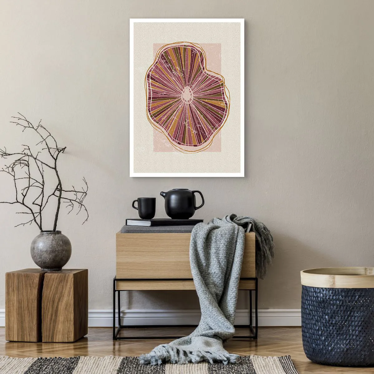 Póster - Sección transversal abstracta de un árbol en tonos rosa y marrón. - 50x70cm - Abstracción radiante - Decoración de pared moderna para salón y dormitorio ARTTOR