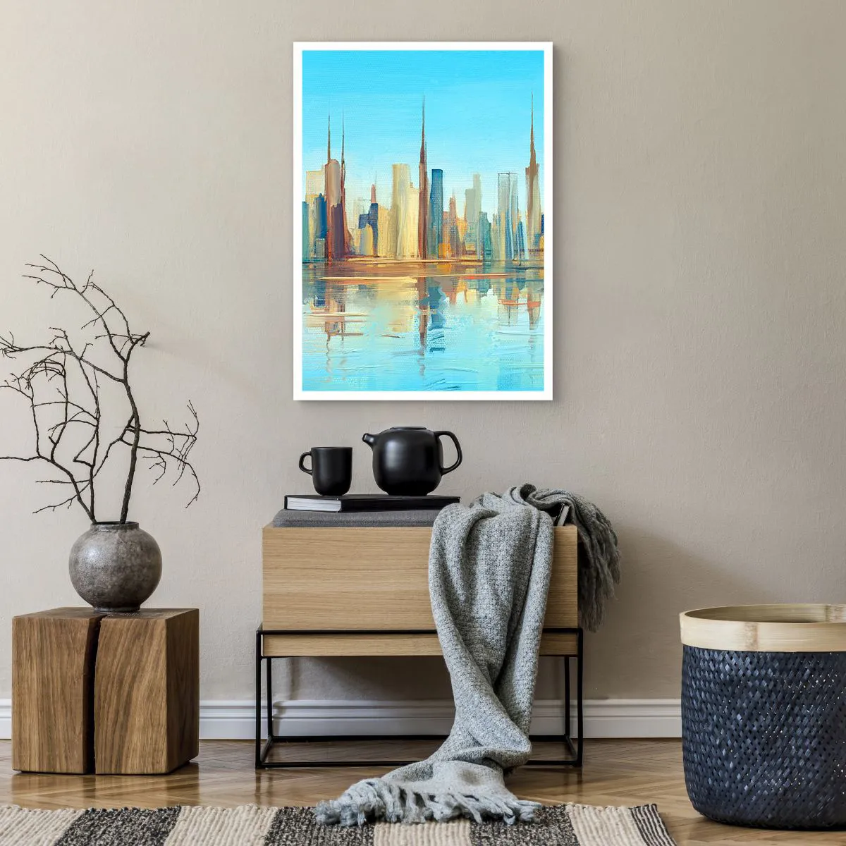 Affiche - Poster - Panorama coloré de la ville avec reflet dans l'eau - 50x70cm - Une métropole ensoleillée - Décoration murale moderne pour le salon et la chambre ARTTOR