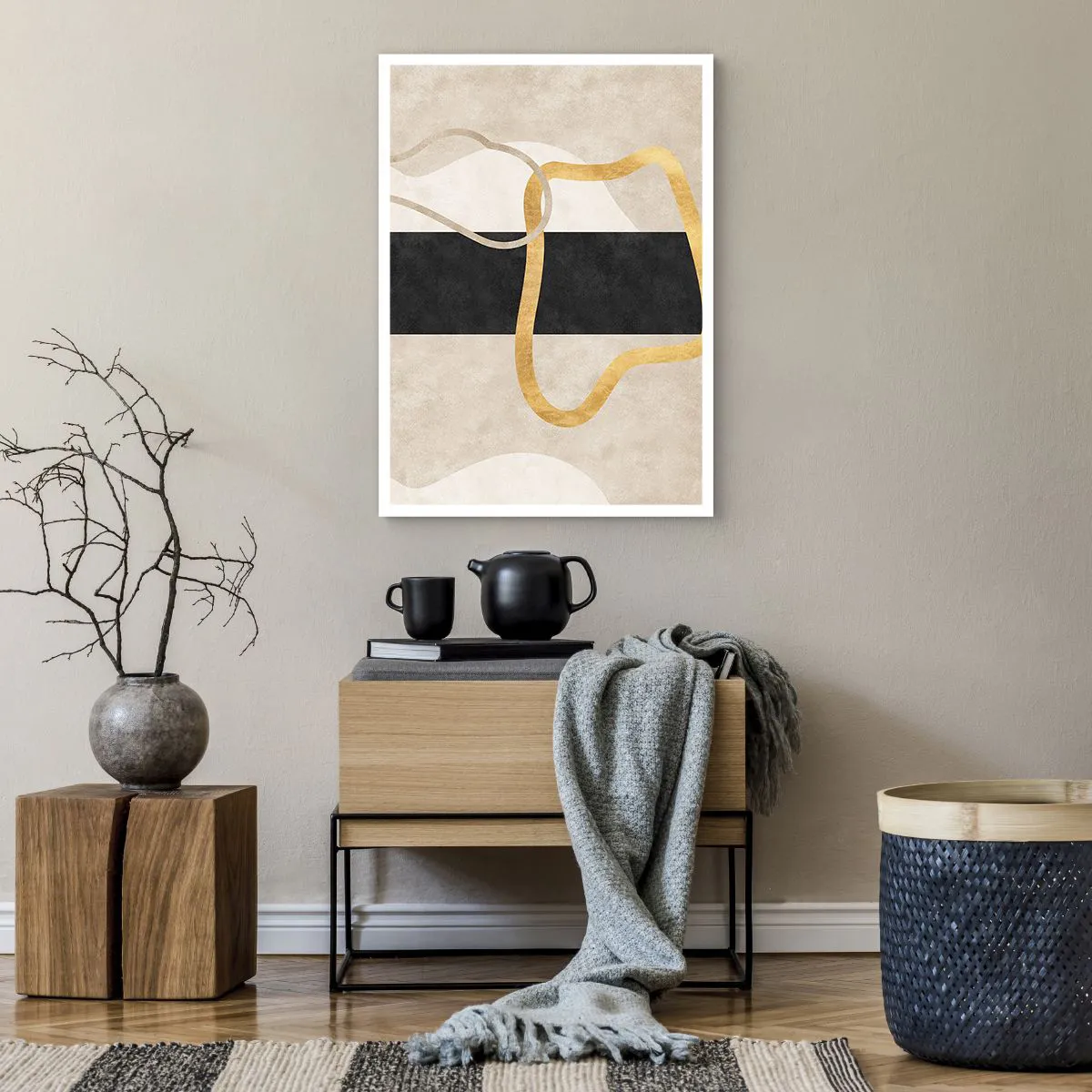 Poster - Abstrakte Komposition mit Schwarz, Gold und neutralem Hintergrund - 50x70cm - Schleifenformen - Moderne Wanddekoration für Wohnzimmer und Schlafzimmer ARTTOR