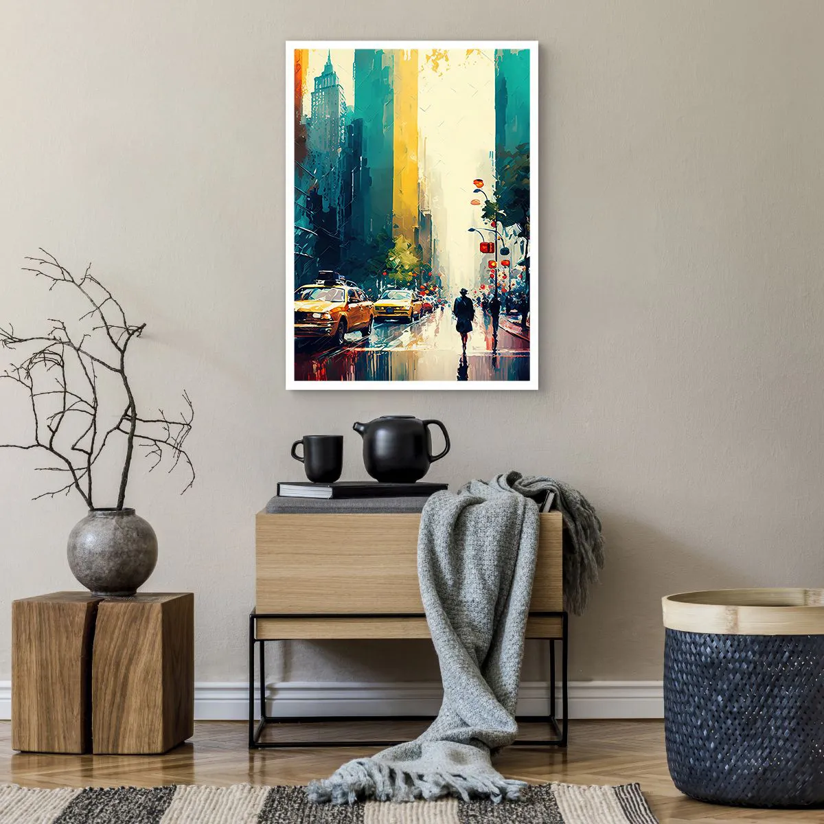 Poster - Eine bunte Straße einer Großstadt mit gelben Taxis - 50x70cm - New York – selbst der Regen ist hier bunt - Moderne Wanddekoration für Wohnzimmer und Schlafzimmer ARTTOR