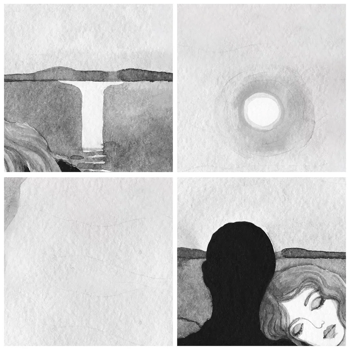 Plakat i sort ramme - Kvinde læner sig på skyggefigur, måne og vandfald - 50x70cm - Altid et mysterium - Moderne vægdekoration til stue og soveværelse ARTTOR