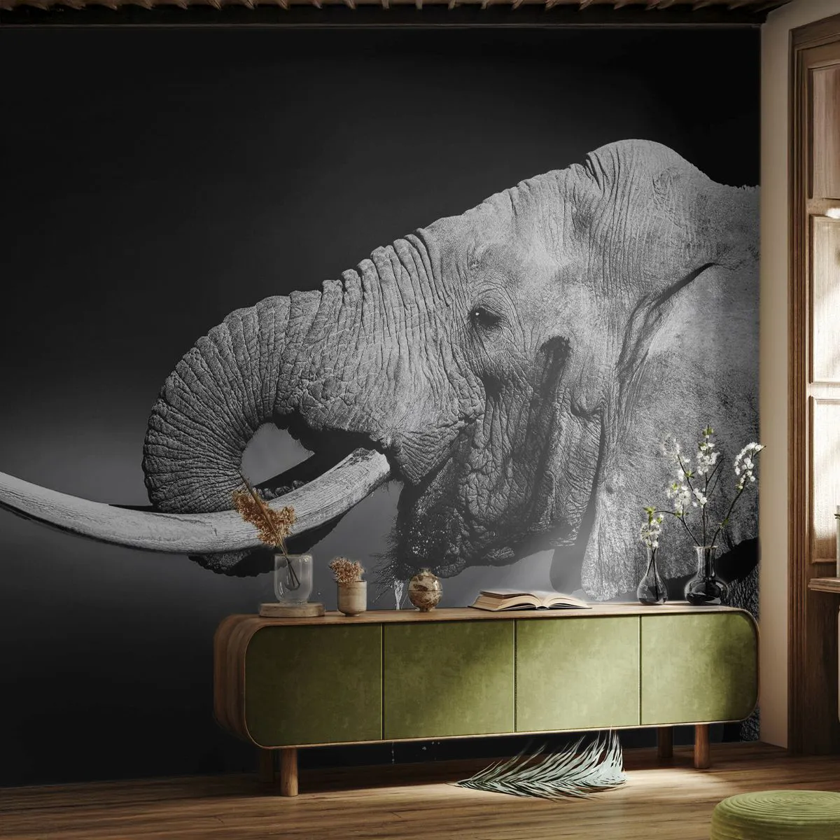 Papier Peint Photo Premium Sand - Photographie en noir et blanc d'un éléphant - 100x70cm - Oui, c'est bon maintenant - Décoration murale moderne pour le salon et la chambre ARTTOR