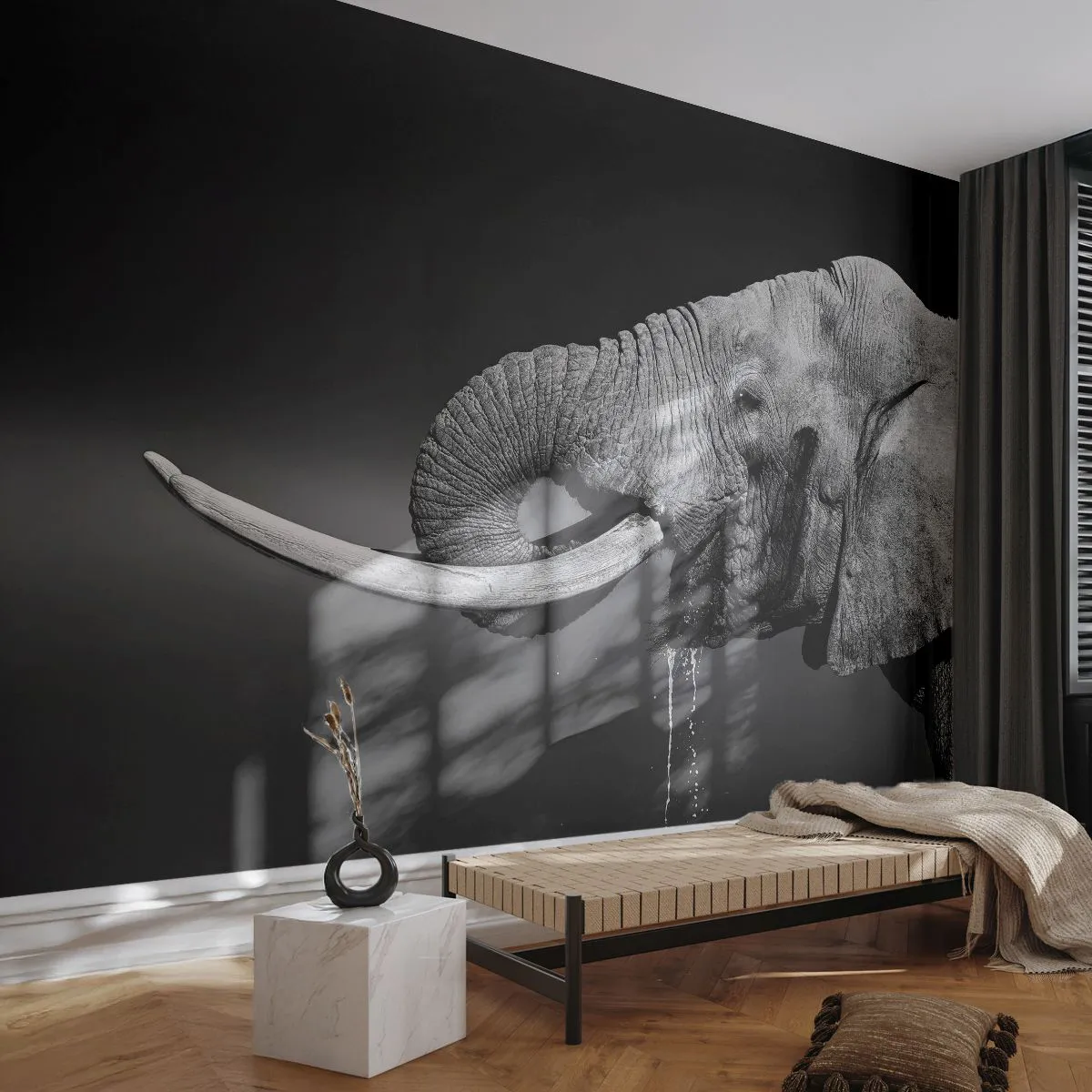 Papier Peint Photo Premium Sand - Photographie en noir et blanc d'un éléphant - 100x70cm - Oui, c'est bon maintenant - Décoration murale moderne pour le salon et la chambre ARTTOR