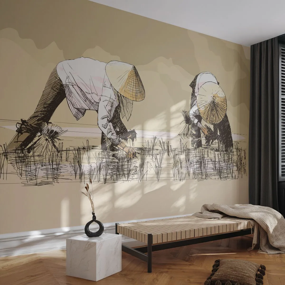 Papel de Parede Premium Sand - Boa colheita  - Ásia, Plantação de Arroz, Arrozal - 100x70 cm