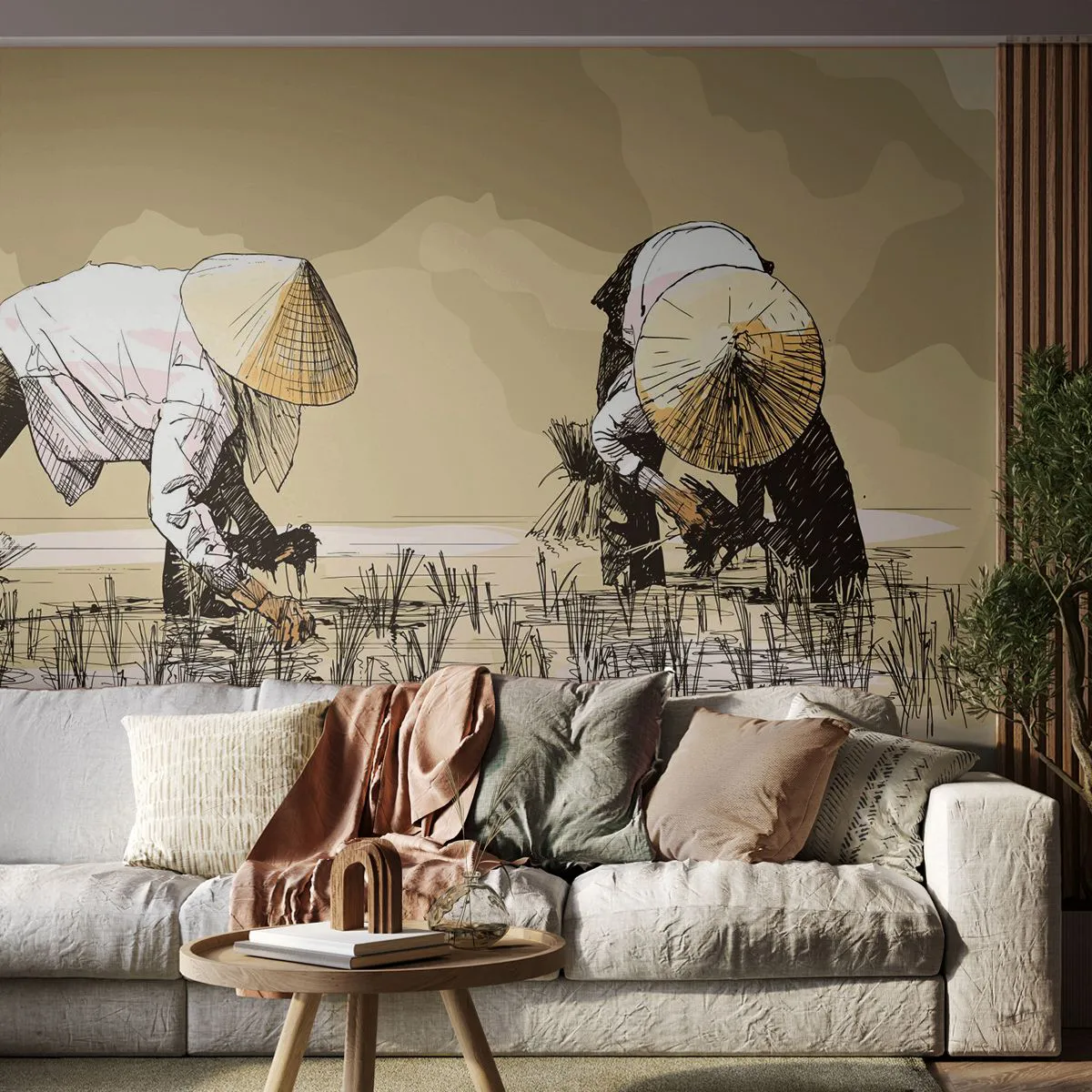 Papel de Parede Premium Sand - Boa colheita  - Ásia, Plantação de Arroz, Arrozal - 100x70 cm