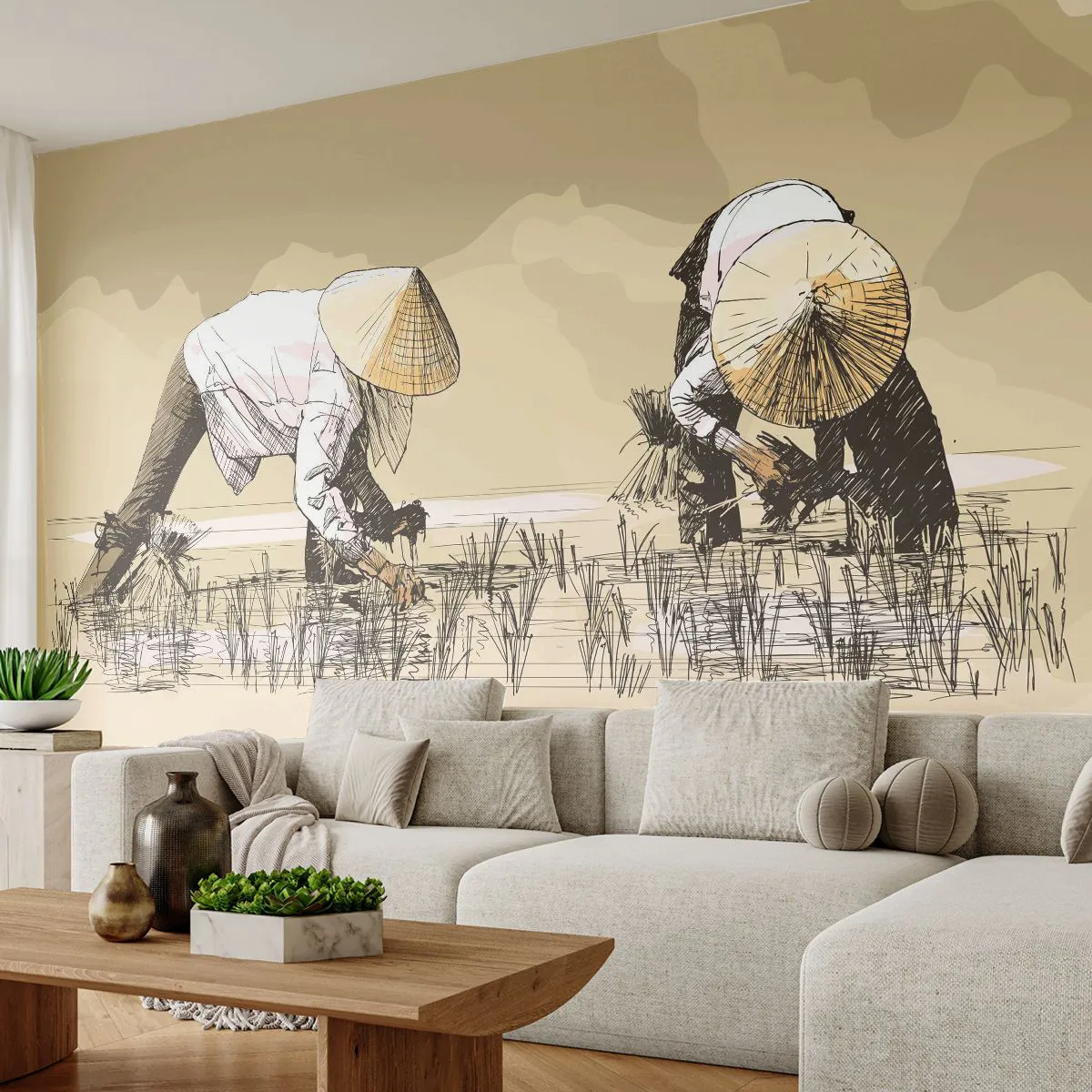 Papel de Parede Premium Sand - Boa colheita  - Ásia, Plantação de Arroz, Arrozal - 100x70 cm