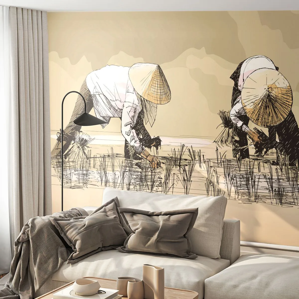 Papel de Parede Premium Sand - Boa colheita  - Ásia, Plantação de Arroz, Arrozal - 100x70 cm