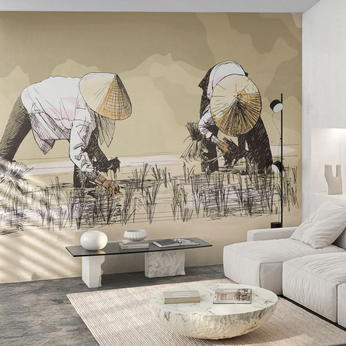 Papel de Parede Premium Sand - Boa colheita  - Ásia, Plantação de Arroz, Arrozal - 100x70 cm