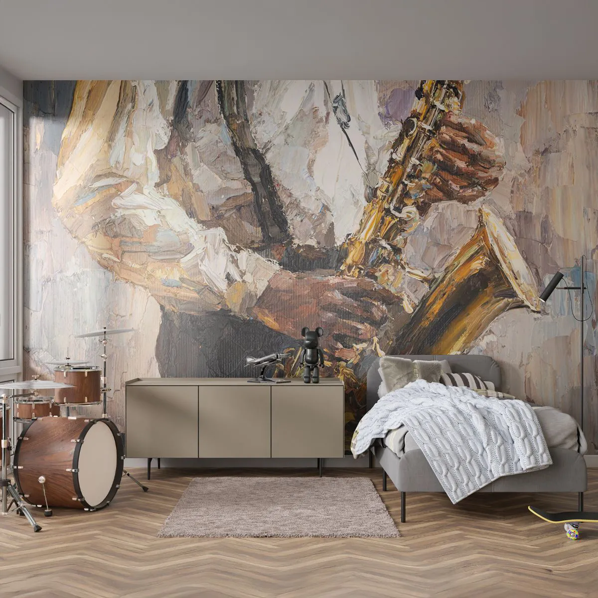 Papier Peint Photo Premium Sand - Un musicien jouant du saxophone dans un style impressionniste - 100x70cm - C'est l'heure du solo - Décoration murale moderne pour le salon et la chambre ARTTOR