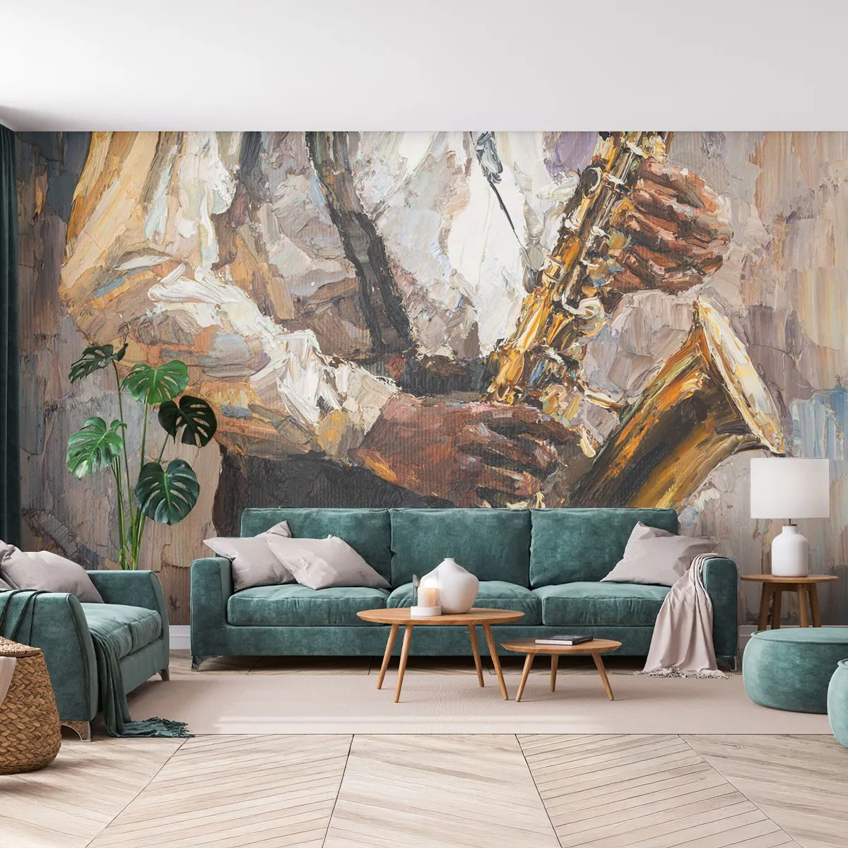 Papier Peint Photo Premium Sand - Un musicien jouant du saxophone dans un style impressionniste - 100x70cm - C'est l'heure du solo - Décoration murale moderne pour le salon et la chambre ARTTOR