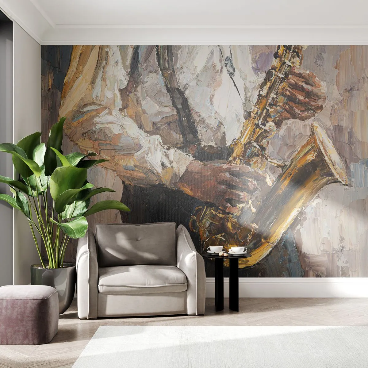Papier Peint Photo Premium Sand - Un musicien jouant du saxophone dans un style impressionniste - 100x70cm - C'est l'heure du solo - Décoration murale moderne pour le salon et la chambre ARTTOR