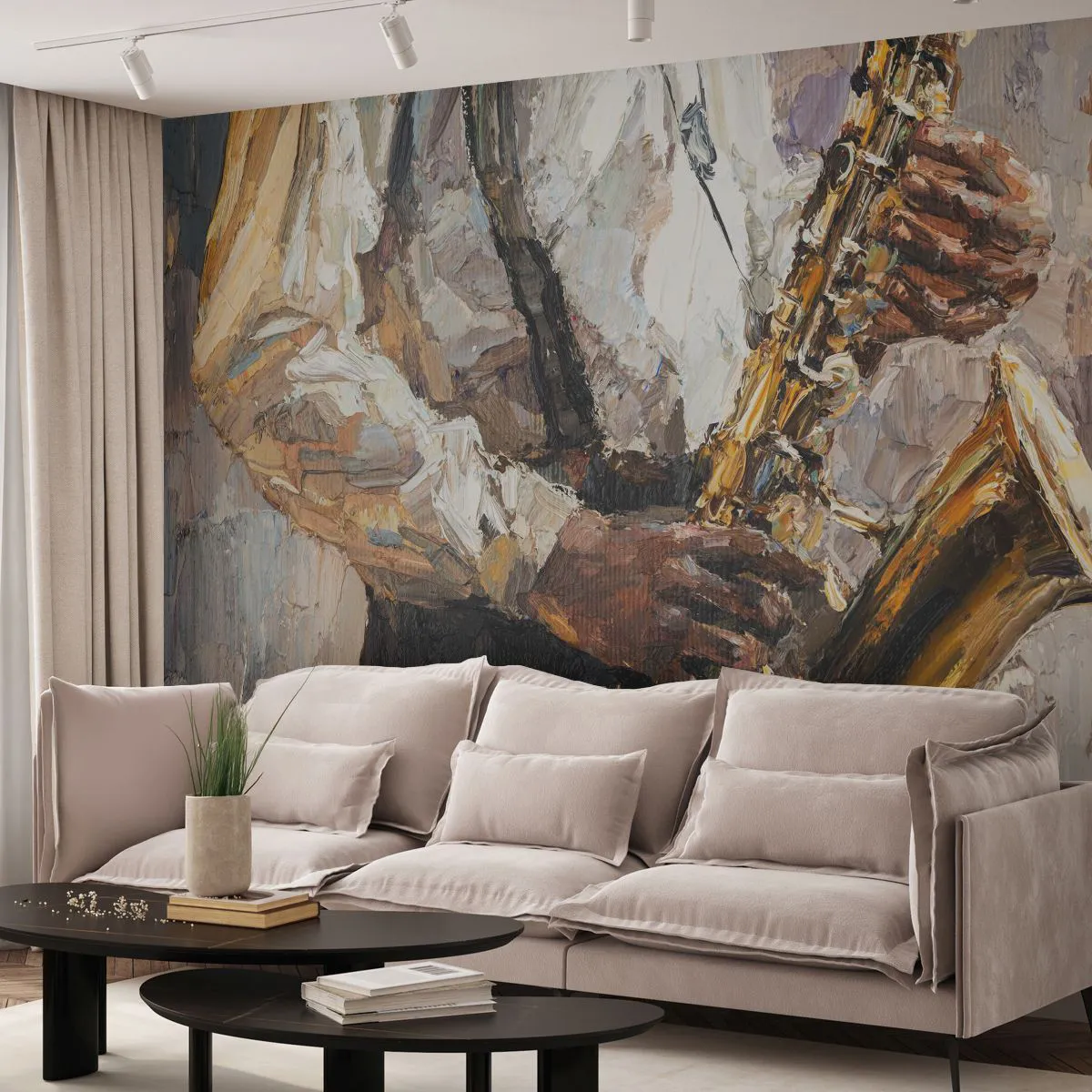 Papier Peint Photo Premium Sand - Un musicien jouant du saxophone dans un style impressionniste - 100x70cm - C'est l'heure du solo - Décoration murale moderne pour le salon et la chambre ARTTOR