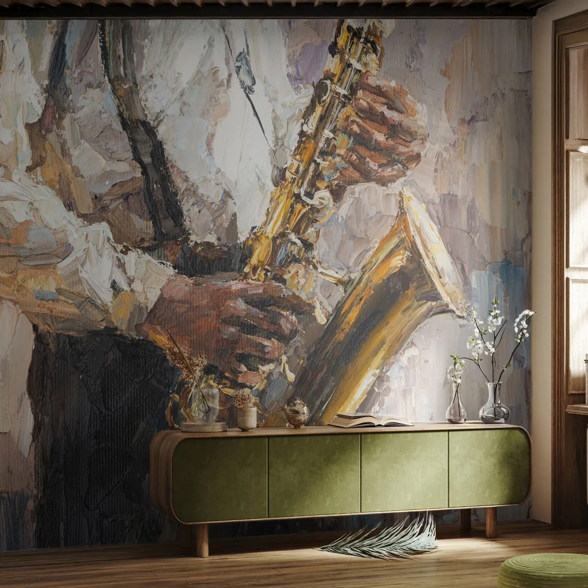 Papier Peint Photo Premium Sand - Un musicien jouant du saxophone dans un style impressionniste - 100x70cm - C'est l'heure du solo - Décoration murale moderne pour le salon et la chambre ARTTOR
