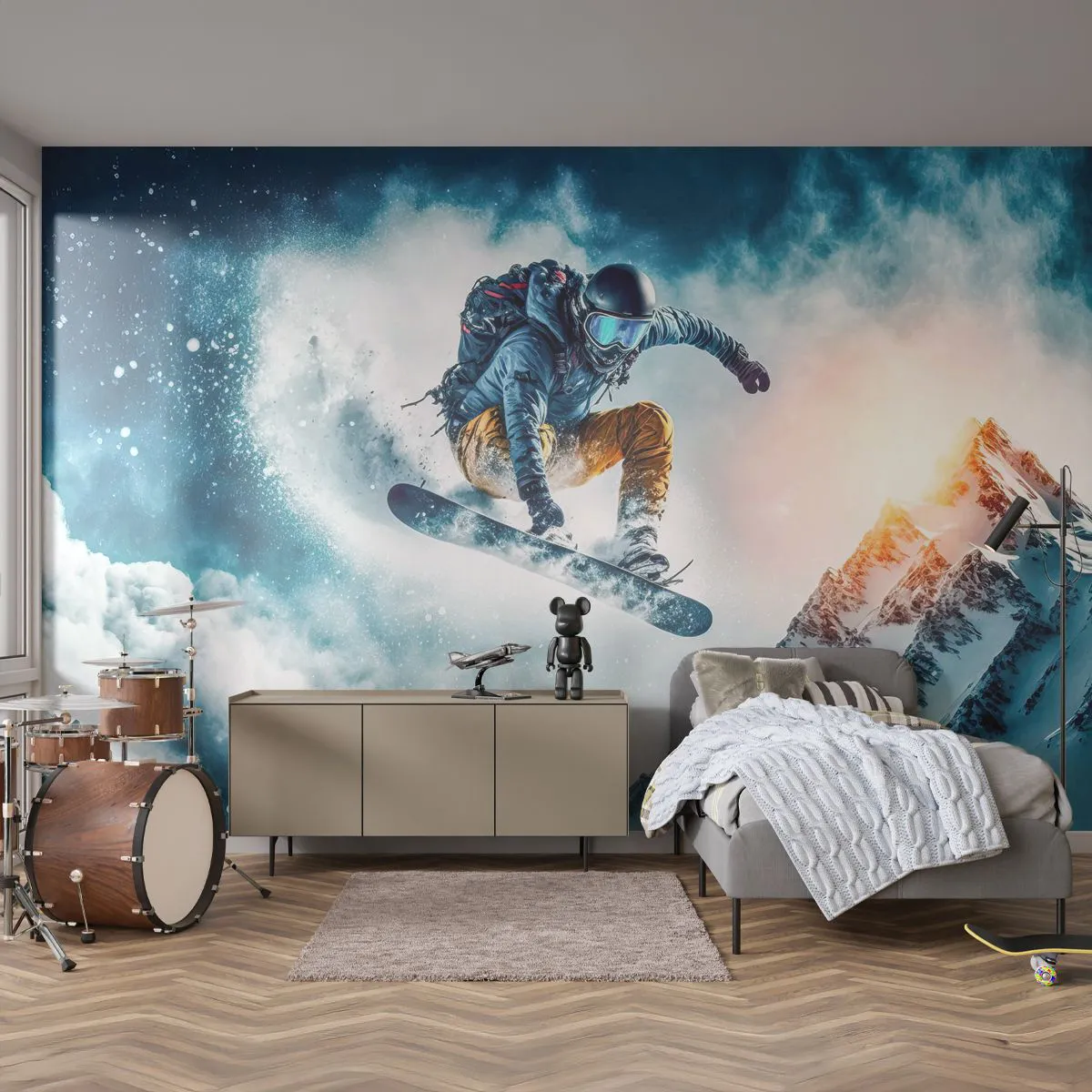 Papier Peint Photo Premium Sand - Un snowboarder survole des montagnes enneigées - 100x70cm - Des émotions extrêmes - Décoration murale moderne pour le salon et la chambre ARTTOR