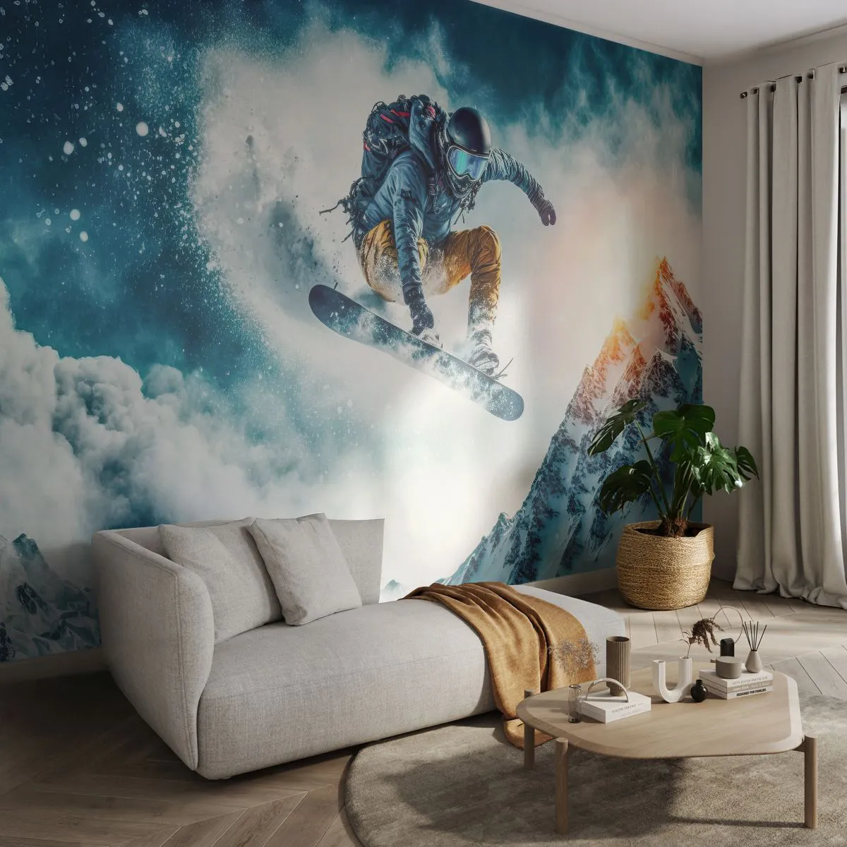 Papier Peint Photo Premium Sand - Un snowboarder survole des montagnes enneigées - 100x70cm - Des émotions extrêmes - Décoration murale moderne pour le salon et la chambre ARTTOR