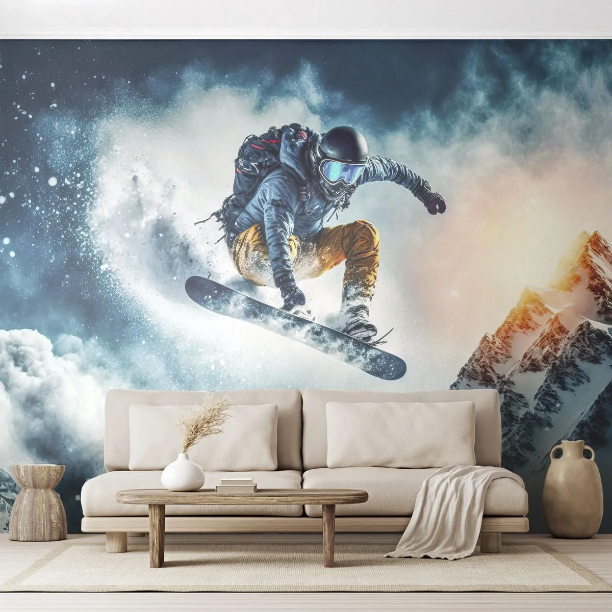 Papier Peint Photo Premium Sand - Un snowboarder survole des montagnes enneigées - 100x70cm - Des émotions extrêmes - Décoration murale moderne pour le salon et la chambre ARTTOR