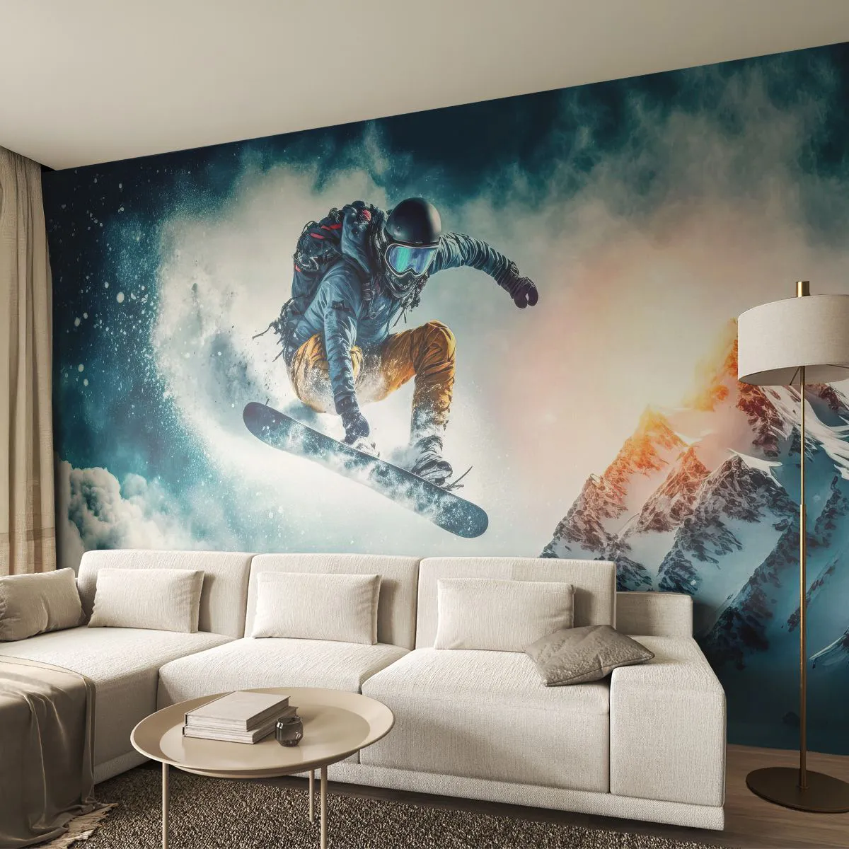 Papier Peint Photo Premium Sand - Un snowboarder survole des montagnes enneigées - 100x70cm - Des émotions extrêmes - Décoration murale moderne pour le salon et la chambre ARTTOR