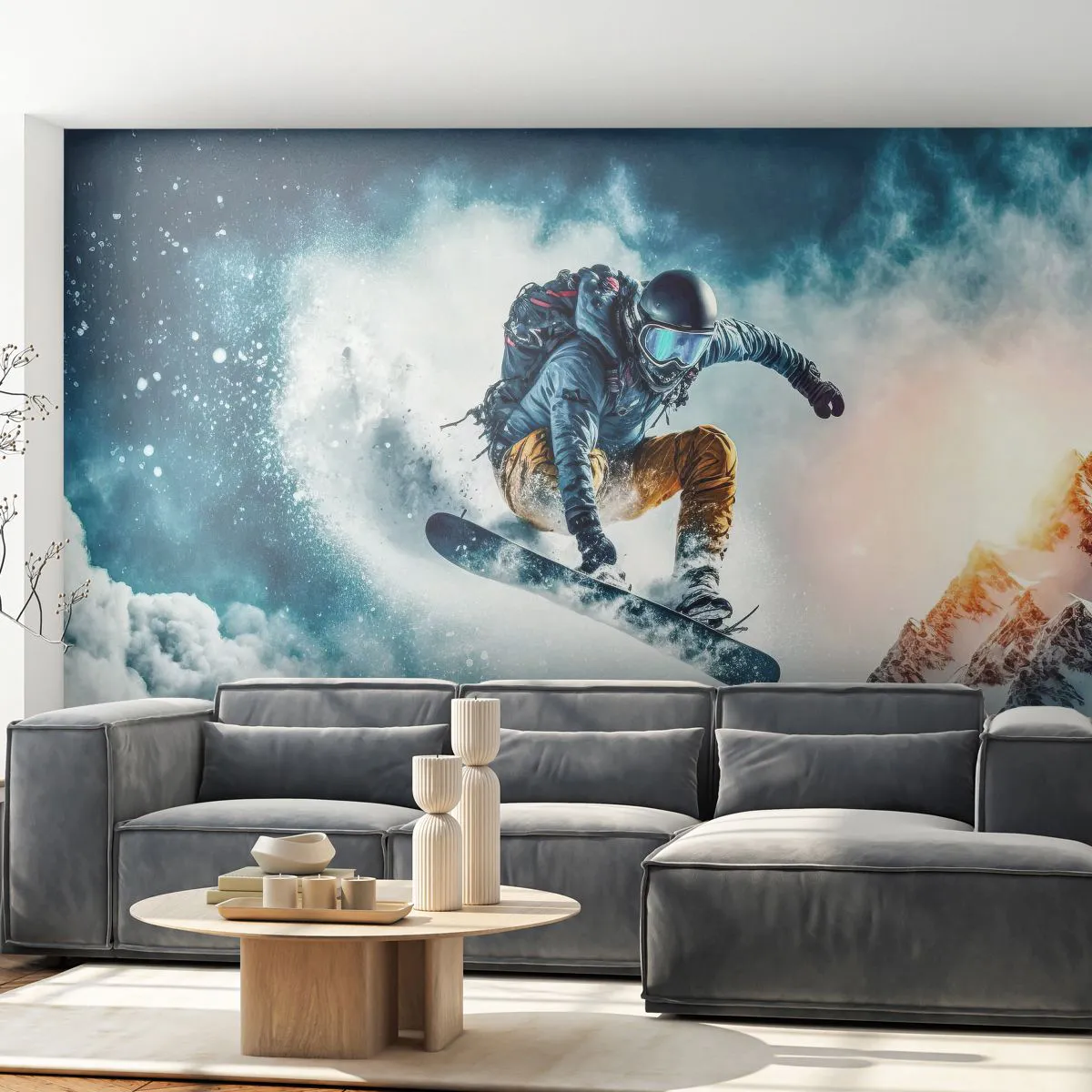 Papier Peint Photo Premium Sand - Un snowboarder survole des montagnes enneigées - 100x70cm - Des émotions extrêmes - Décoration murale moderne pour le salon et la chambre ARTTOR