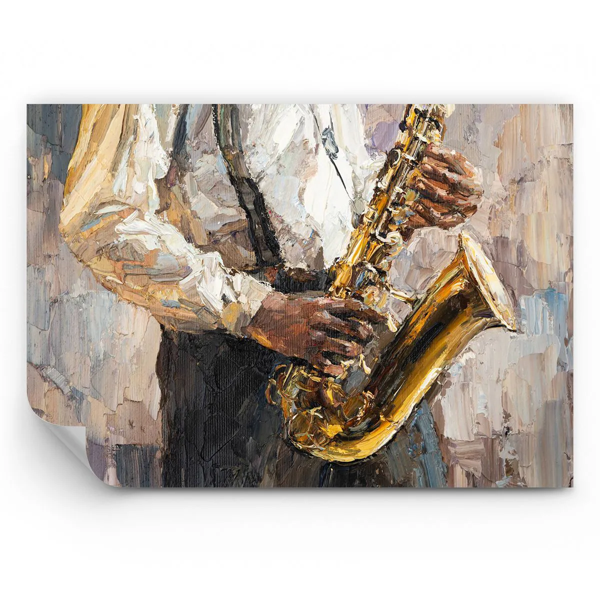 Papier Peint Photo Premium Sand - Un musicien jouant du saxophone dans un style impressionniste - 100x70cm - C'est l'heure du solo - Décoration murale moderne pour le salon et la chambre ARTTOR