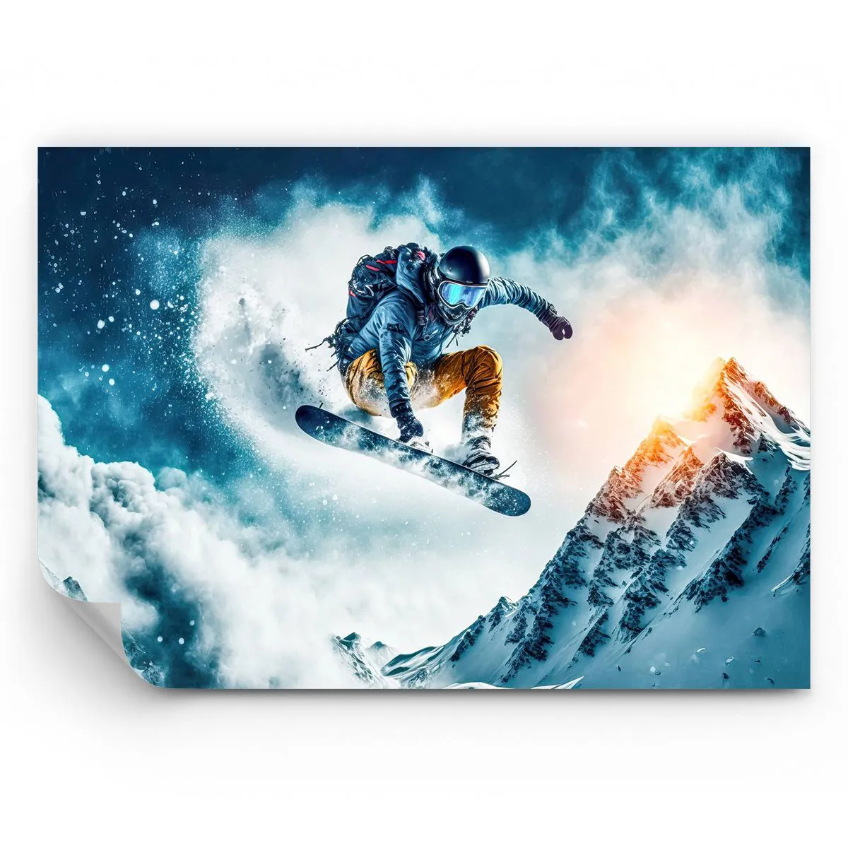 Papier Peint Photo Premium Sand - Un snowboarder survole des montagnes enneigées - 100x70cm - Des émotions extrêmes - Décoration murale moderne pour le salon et la chambre ARTTOR