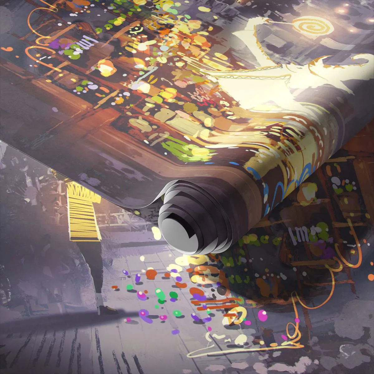 Papel de Parede Standard Eco - Uma cena noturna fantástica com um vendedor mágico e uma criança - 100x70cm - Os feitiços existem - Decoração de parede moderna para a sala de estar e quarto ARTTOR