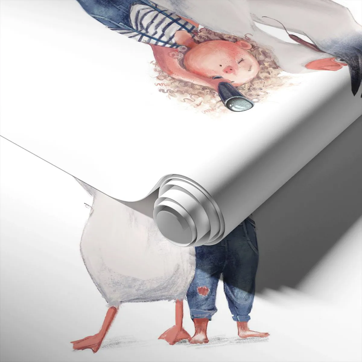 Fotomural Standard Eco - Adorable ilustración de un niño con un telescopio y un pelícano. - 100x70cm - Un plan para un gran viaje - Decoración de pared moderna para salón y dormitorio ARTTOR