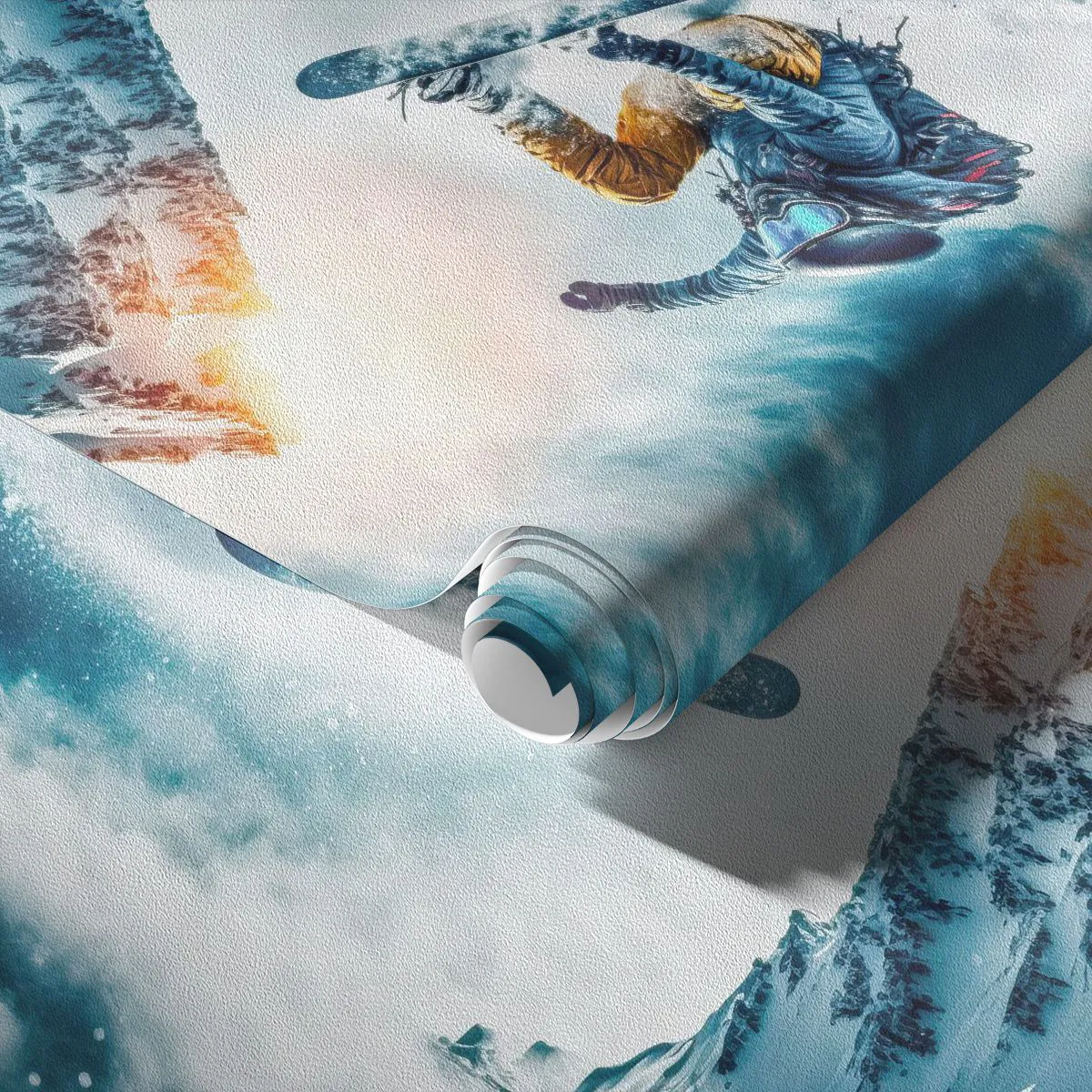 Papier Peint Photo Premium Sand - Un snowboarder survole des montagnes enneigées - 100x70cm - Des émotions extrêmes - Décoration murale moderne pour le salon et la chambre ARTTOR