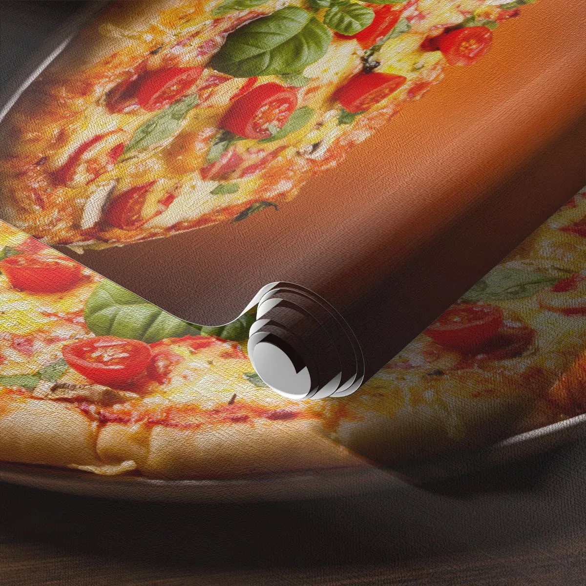 Papier Peint Photo Premium Canvas - Pizza aux tomates et au basilic sur une table en bois - 100x70cm - Mamma mia! - Décoration murale moderne pour le salon et la chambre ARTTOR