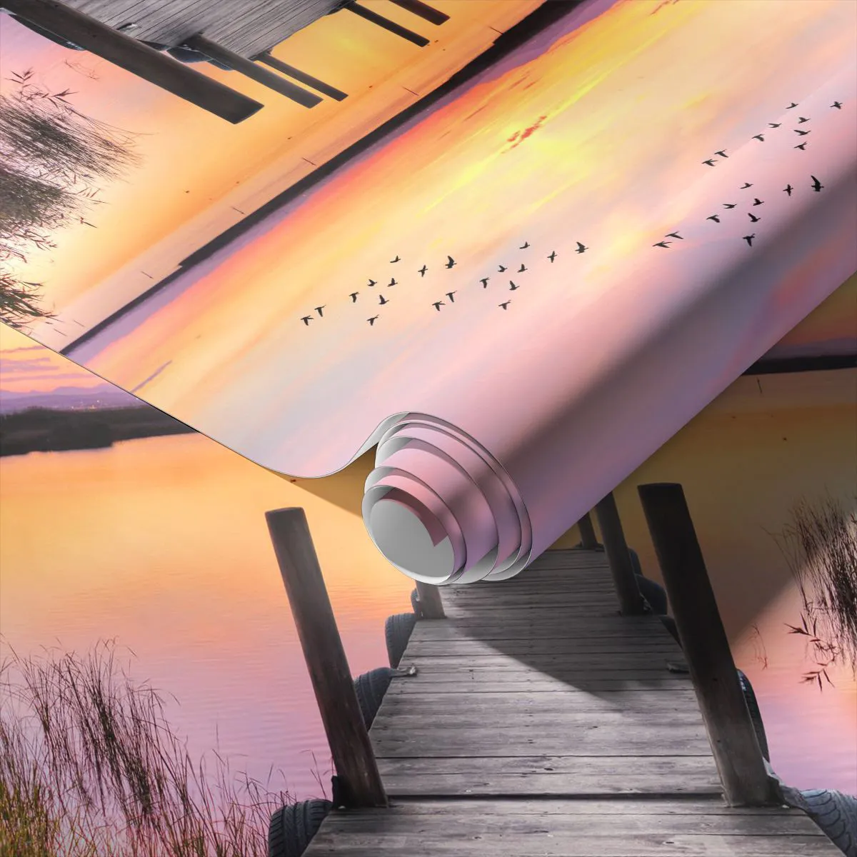 Papel de parede personalizado Adesivo Deluxe Sticker - Silenciosa Alvorada Violeta - Paisagem, Lago, Natureza