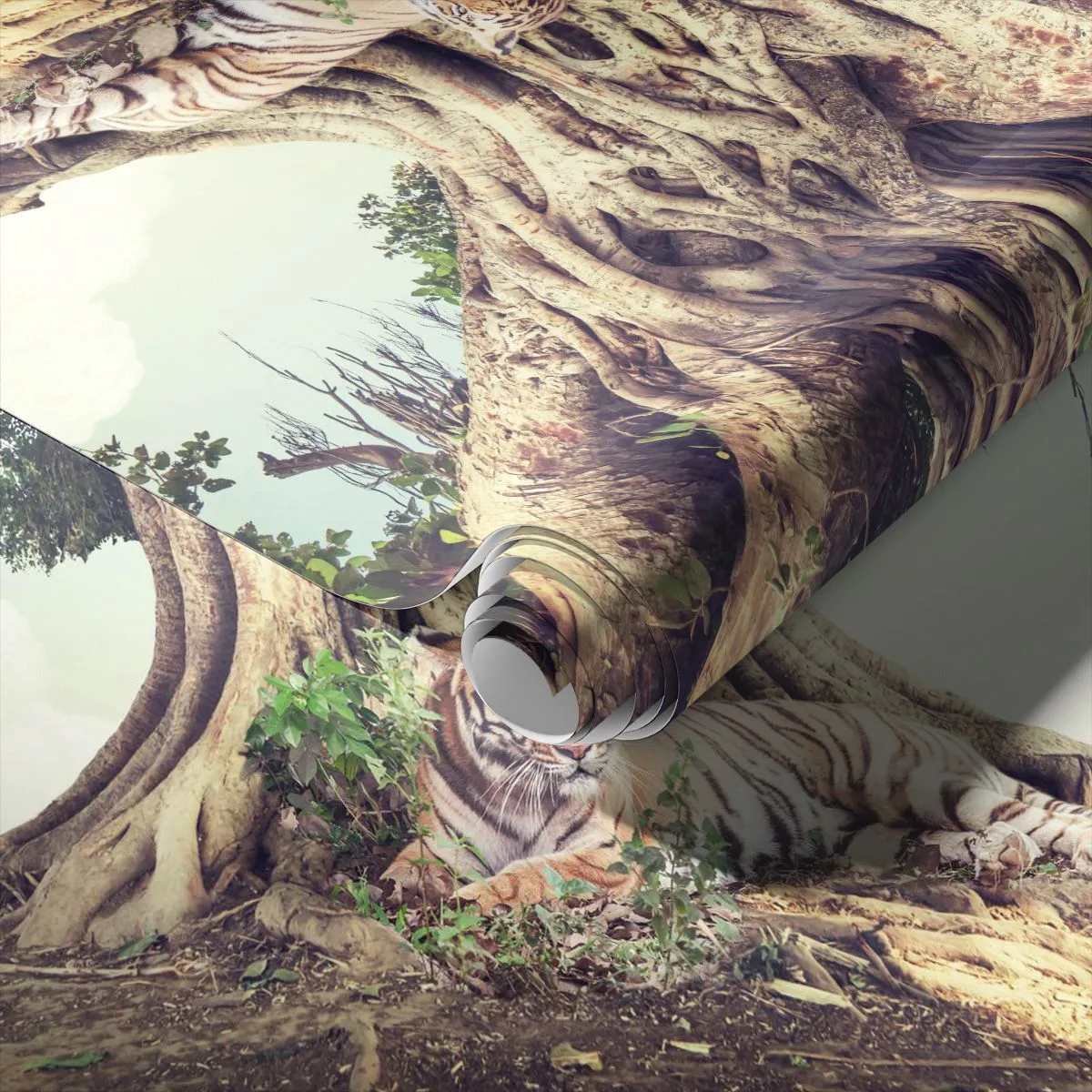 Papier Peint Autocollant Deluxe Sticker - Vue du Livre de la Genèse - tigre du Bengale, Inde, Paysage - 100x70 cm