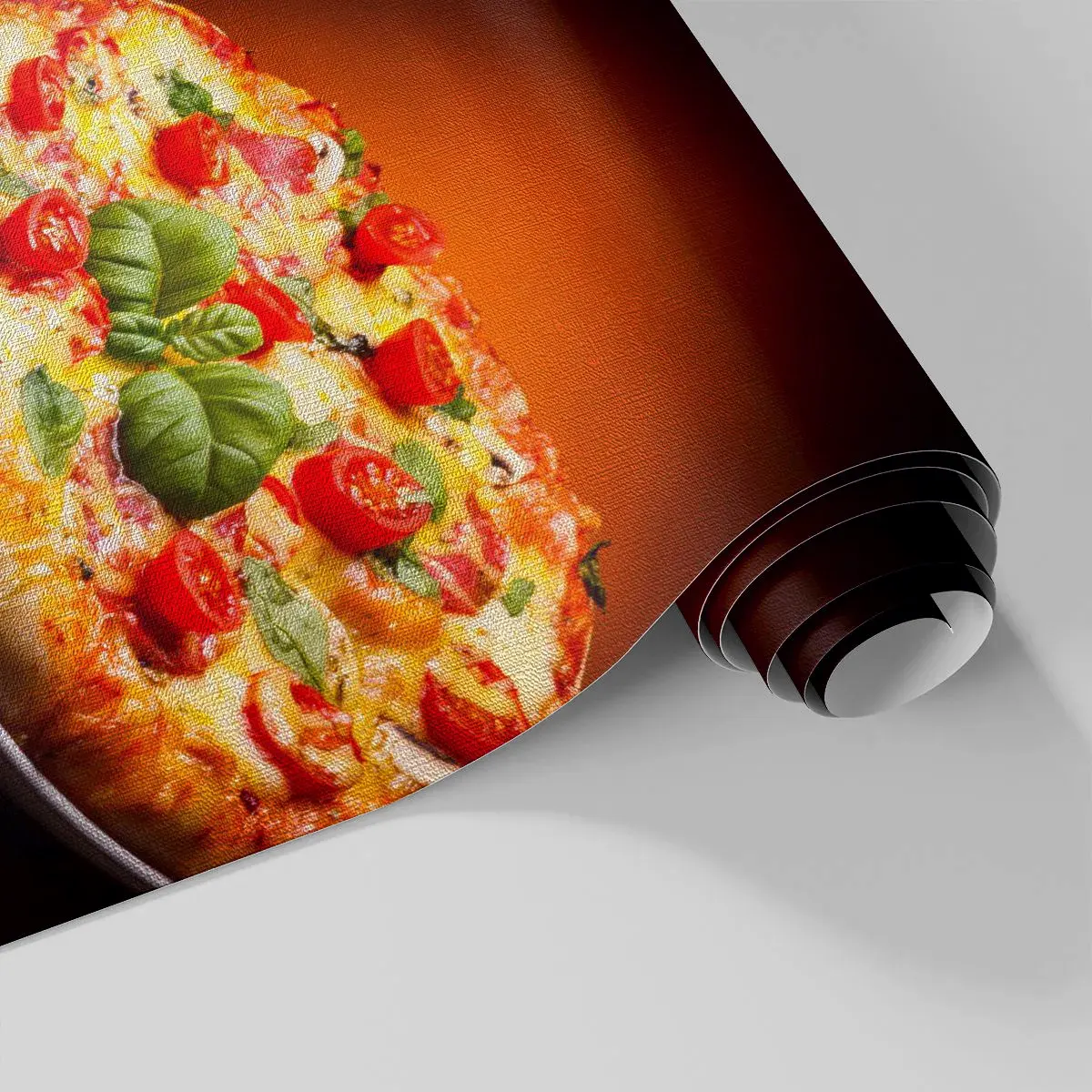 Papier Peint Photo Premium Canvas - Pizza aux tomates et au basilic sur une table en bois - 100x70cm - Mamma mia! - Décoration murale moderne pour le salon et la chambre ARTTOR