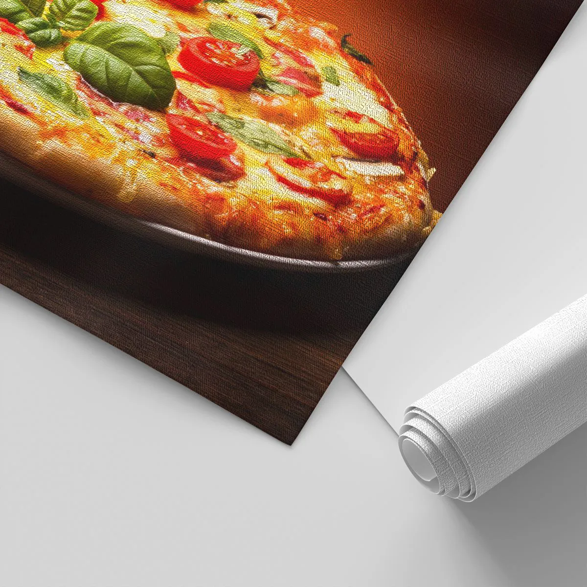 Papier Peint Photo Premium Canvas - Pizza aux tomates et au basilic sur une table en bois - 100x70cm - Mamma mia! - Décoration murale moderne pour le salon et la chambre ARTTOR