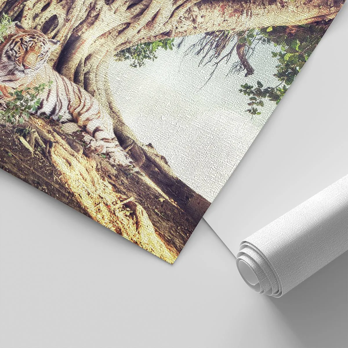 Fototapete Premium Canvas - Ein Tiger ruht unter einem ausladenden Baum - 100x70cm - Blick aus dem Buch Genesis - Moderne Wanddekoration für Wohnzimmer und Schlafzimmer ARTTOR