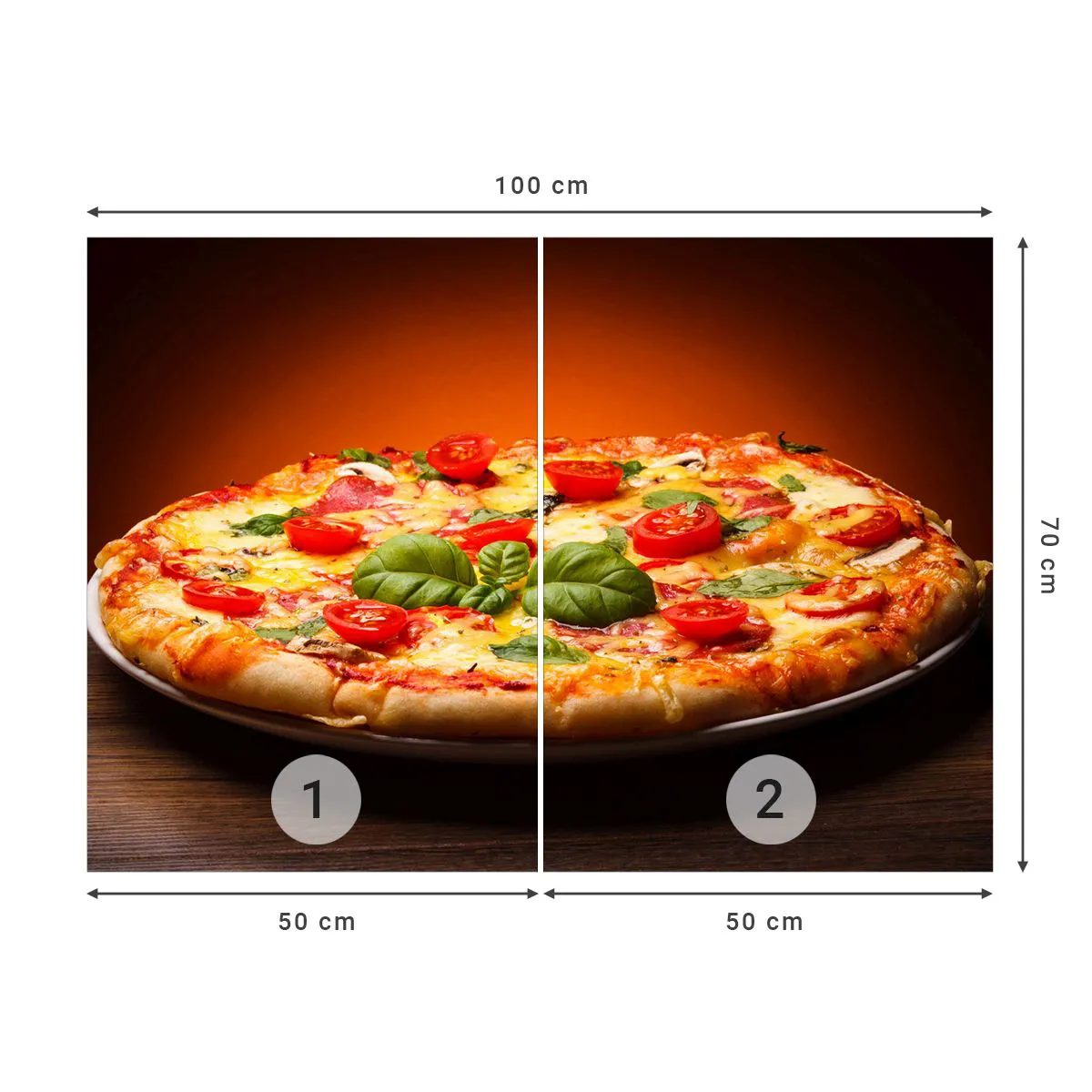 Papier Peint Photo Premium Canvas - Pizza aux tomates et au basilic sur une table en bois - 100x70cm - Mamma mia! - Décoration murale moderne pour le salon et la chambre ARTTOR