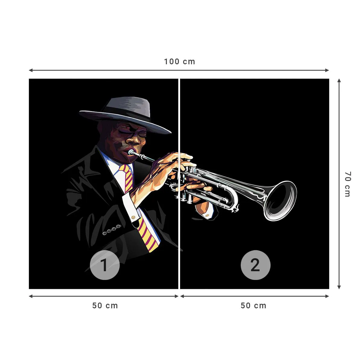 Fotomural Standard Eco - Trompetista estilizado con un elegante atuendo sobre un fondo negro. - 100x70cm - El encanto de la vieja escuela - Decoración de pared moderna para salón y dormitorio ARTTOR