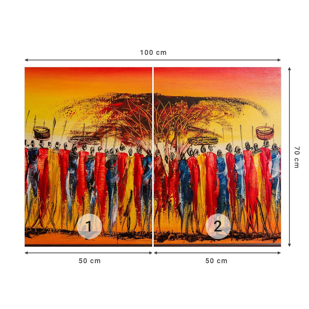 Fotomural Premium Canvas - Una escena colorida con figuras africanas con el sol poniente como telón de fondo. - 100x70cm - Allí, allí, allí van - Decoración de pared moderna para salón y dormitorio ARTTOR