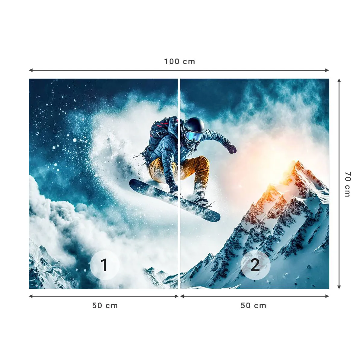 Papier Peint Photo Premium Sand - Un snowboarder survole des montagnes enneigées - 100x70cm - Des émotions extrêmes - Décoration murale moderne pour le salon et la chambre ARTTOR