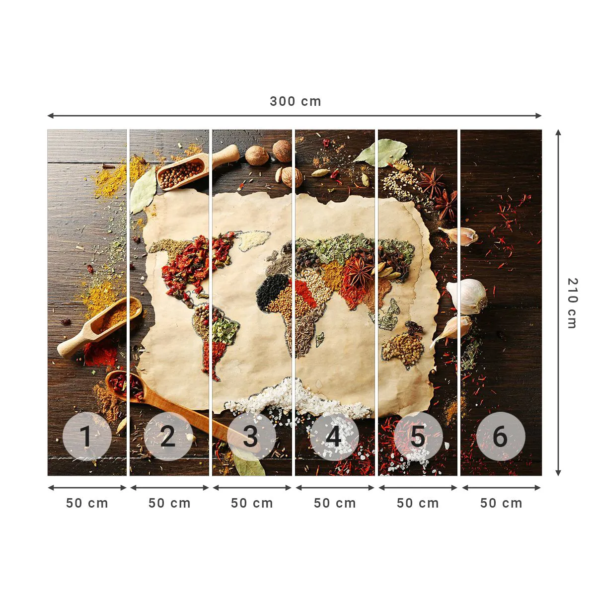 Papier Peint Photo Premium Sand - Toutes les saveurs du monde - La gastronomie, Carte du monde, Épices séchées - 300x210 cm