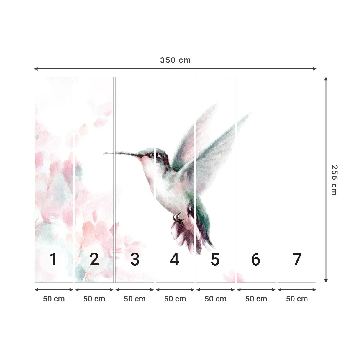 Fotobehang Premium Canvas - Vastgehouden tijdens fladderen - Kolibrie, Vogel, Deel - 350x256 cm