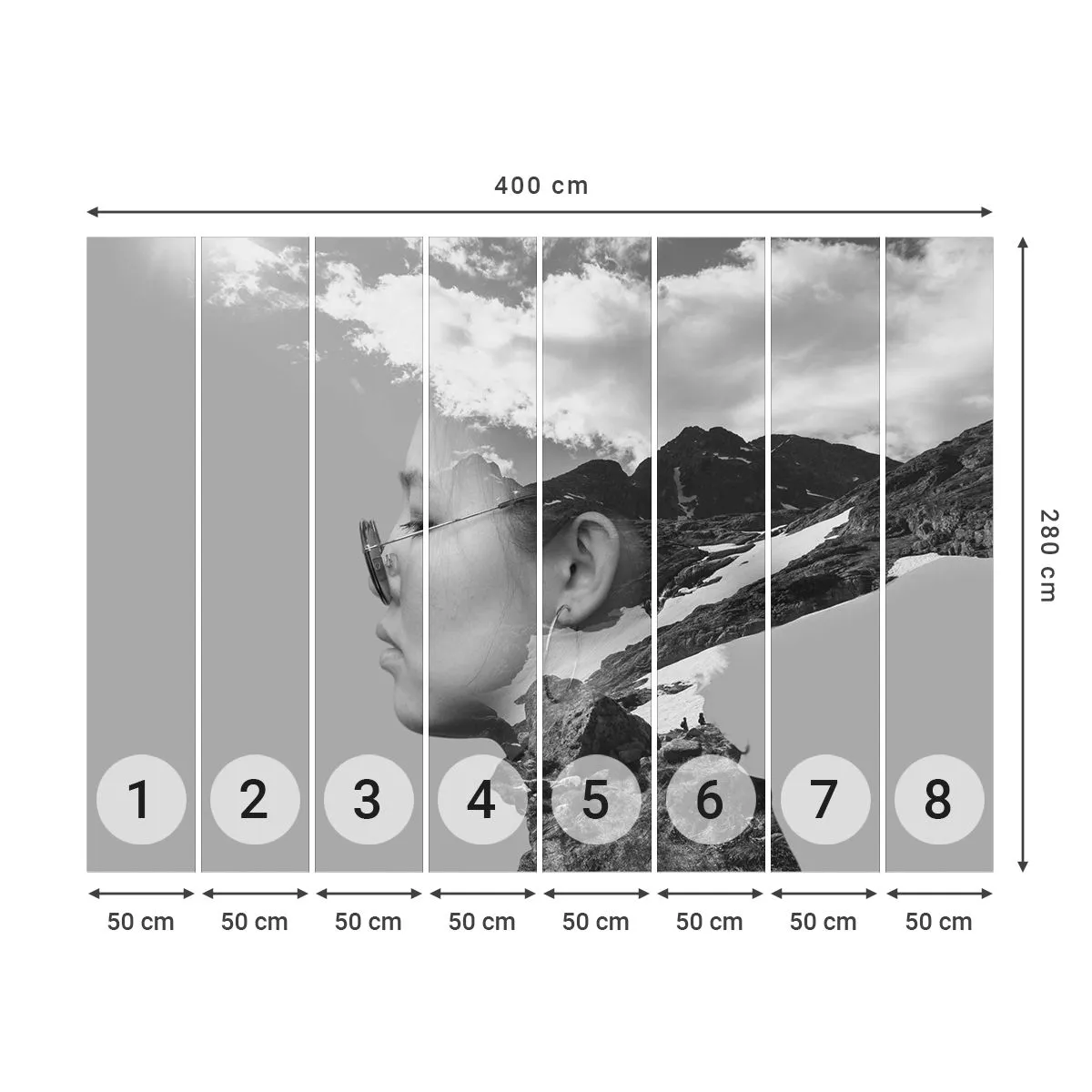 Papier Peint Autocollant Deluxe Sticker - Portrait de montagnes et nuages - Abstraction, Tête de femme, Fantaisie - 400x280 cm